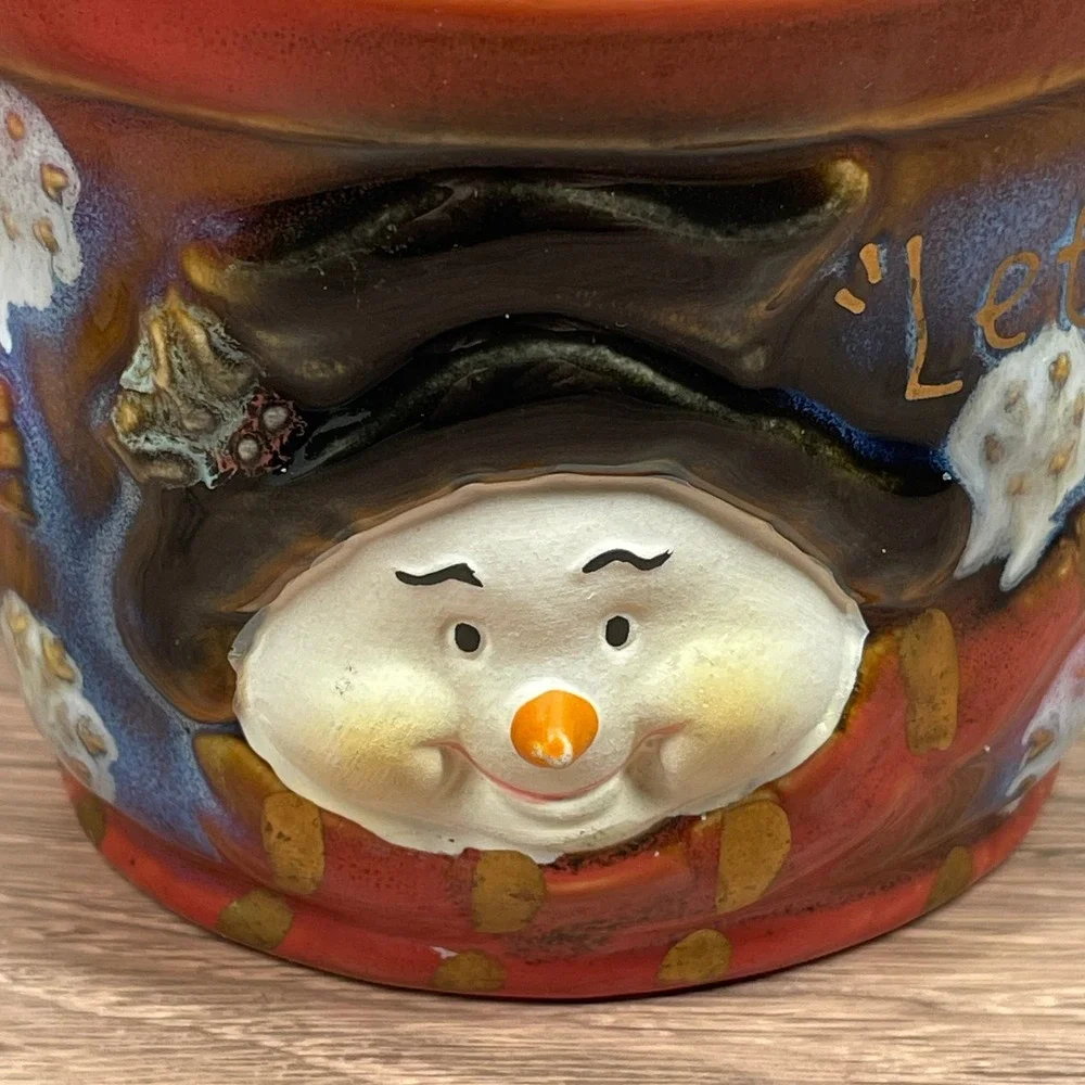 Handcrafted Snowman Ceramic Canister with Lid Let it Snow Christmas Decor